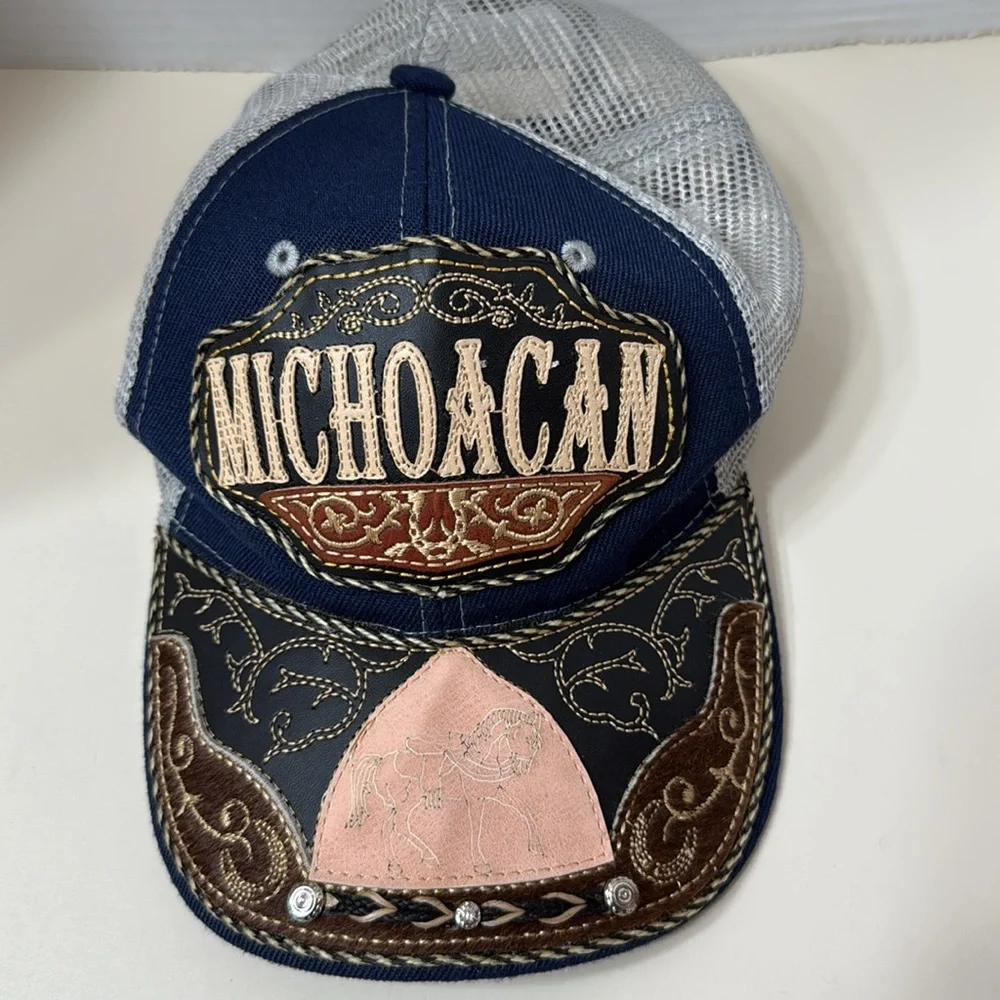 Michoacan Truckers SnapBack Baseball Cap Hat Blue & Brown Adjustable Mesh Studs